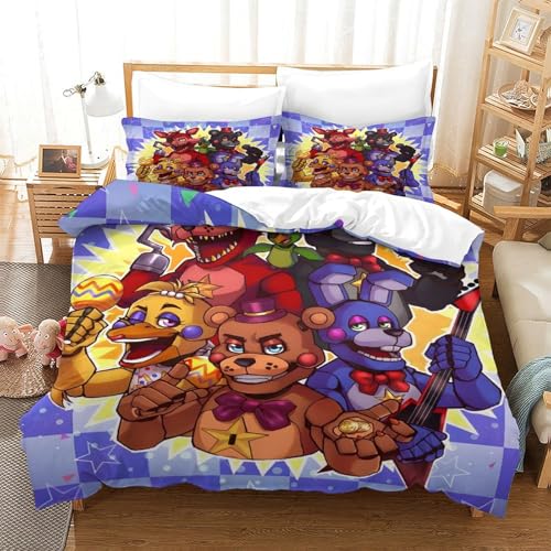 Five Nights At Freddy's Bettwäschegarnitur Für Kinder Mädchen Jungen Bettbezug Set 3D Gedruckter Anime Und Kissenbezüge Bettwäsche Reissverschluss Weich Microfaser 3 Teilig Single（140x200cm） von GDEKCIEAS
