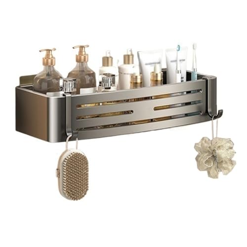GDHKDDFL Badezimmer-Aufbewahrungsregal Selbstklebendes Duschregal zur Wandmontage mit 4 Haken, Handtuchaufbewahrungslösung ohne Bohren(Gris) von GDHKDDFL