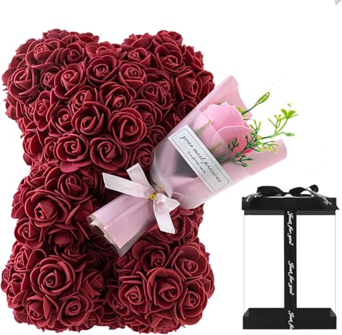 GDJIAYIYI Rosen-Teddybär, Rosenblumenbär, künstlicher Blumenbär, Bär, Geburtstagsgeschenk, für Frauen, Damen, Freundinnen, Mädchen, Mütter, Großmütter, Väter (Weinrot) von GDJIAYIYI