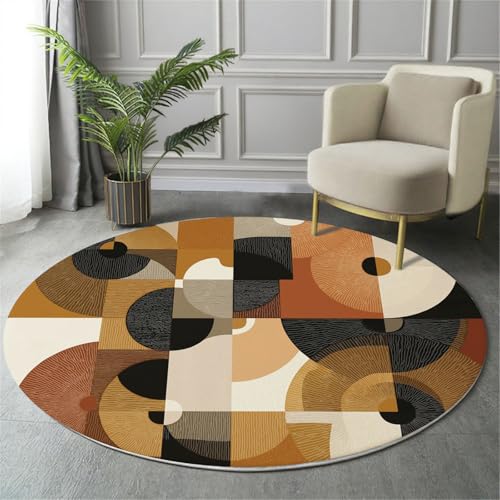 Abstraktes Geometrisches Muster Teppich Rund 80Cm Kreisförmiges Quadratisches Design Rutschfest Teppiche Wohnzimmer Waschbar Rund Teppiche Kurzflor Weich Runder Teppich Braun For Schlafzimmer Studie von GDJSMIN