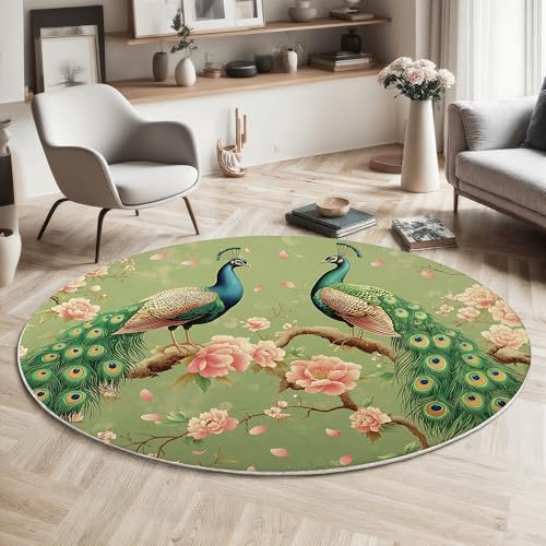 Blumen Im Chinesischen Stil Vogelbilder Teppich Rund 100Cm,Waschbare Teppiche,Pfauenschwanzfedermuster Runder Teppiche,rutschfest Carpet,Bedruckter Teppich Schlafzimmer Kinderzimmer, Grün von GDJSMIN