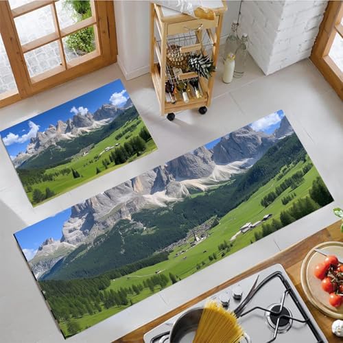 GDJSMIN 2 Stück Küchenteppich Majestätische Bergsicht Waschbar rutschfest Küchenläufer Grüne Wiese Küche Bodenmatte Läufer Teppich (40×60Cm+40×120Cm) von GDJSMIN