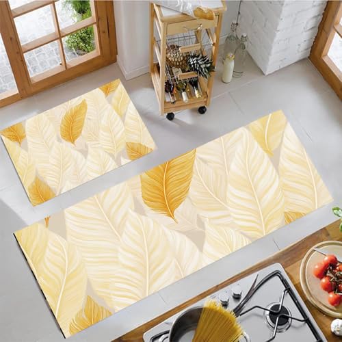 GDJSMIN 2 Stück Küchenteppich Minimalistischer Stil Waschbar rutschfest Küchenläufer Gelbe Federlinie Küche Bodenmatte Läufer Teppich (44×70Cm+44×120Cm) von GDJSMIN