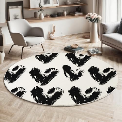 GDJSMIN Abstrakte Tuschemalerei Teppich Rund 120Cm,Waschbare Teppiche,Herz-Design Runder Teppiche,rutschfest Carpet,Bedruckter Teppich Schlafzimmer Kinderzimmer, Schwarz von GDJSMIN