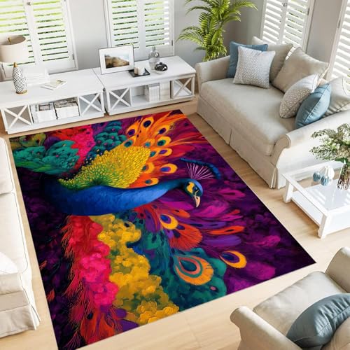 GDJSMIN Abstrakter Ölgemäldestil Teppich,240×300Cm, Wohnzimmerteppich Pfauenillustration Schlafzimmerteppich Waschbarerteppich Rutschfester Teppich Für Küche,Flur Esszimmer,Gelb von GDJSMIN