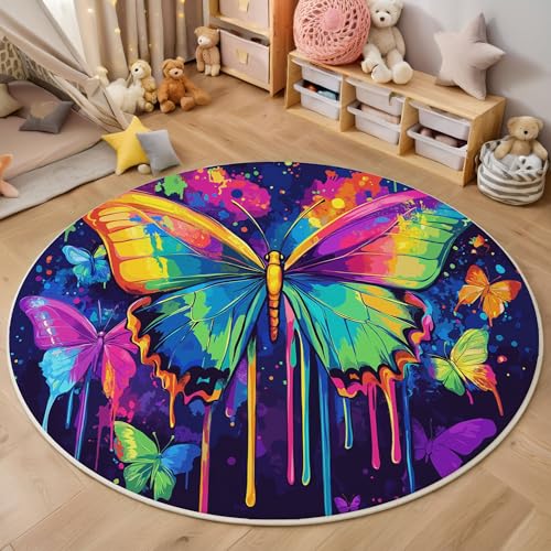 GDJSMIN Abstraktes Design Teppich Rund 200Cm Schmetterlingsillustration rutschfest Teppiche Wohnzimmer Waschbar Rund Teppiche Kurzflor Weich Runder Teppich Elektrisches Blau for Schlafzimmer Studie von GDJSMIN
