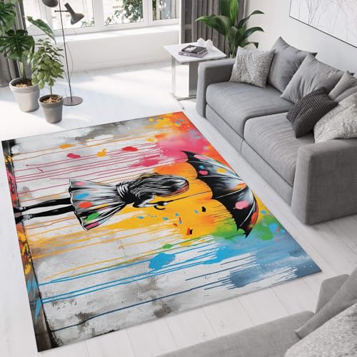 GDJSMIN Abstraktes Graffiti-Gemälde Teppich Wohnzimmer 180×270Cm Teppich Mädchen Mit Regenschirm Schlafzimmer Kurzflor Waschbarer Teppiche Für Kinderzimmer Wohnzimmer,Grau von GDJSMIN