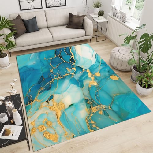 GDJSMIN Abstraktes Kunstmarmor 3D Gedruckter Teppich Goldfolienliniendesign Wohnzimmer Schlafzimmer Anti Rutsch Carpet Kinder Mädchen Jungen Zimmer Spielen Krabbeln Fußmatten (160×230Cm, Aquamarin) von GDJSMIN