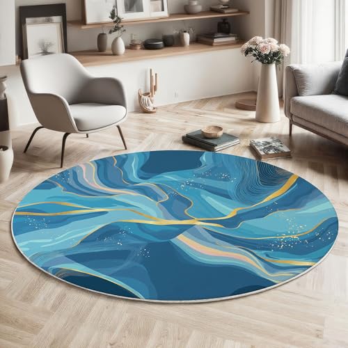 GDJSMIN Abstraktes Marmordesign Maschinenwaschbarer Runder Teppich–Weich Pflegeleicht Mit Goldfolienstreifen-Textur Print-Muster, Anti-Rutsch Teppich Für Wohnzimmer Und Küche,60Cm,Hellblau von GDJSMIN