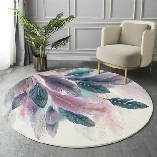 GDJSMIN Aquarell-Illustration Maschinenwaschbarer Runder Teppich–Weich Pflegeleicht Mit Federmuster Print-Muster, Anti-Rutsch Teppich Für Wohnzimmer Und Küche,80Cm,Rosa von GDJSMIN