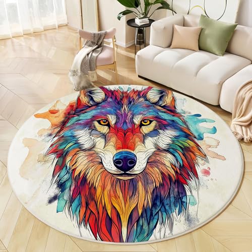 GDJSMIN Böhmischer Stil Teppich Rund 140Cm Wolfskopf-Illustration rutschfest Teppiche Wohnzimmer Waschbar Rund Teppiche Kurzflor Weich Runder Teppich Weiß for Schlafzimmer Studie von GDJSMIN