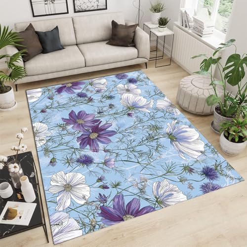 GDJSMIN Botanische Illustration Teppich Wohnzimmer 120×180cm Teppich Lila Distelmuster Schlafzimmer Kurzflor Waschbarer Teppiche für Kinderzimmer Wohnzimmer,Helles Himmelblau von GDJSMIN