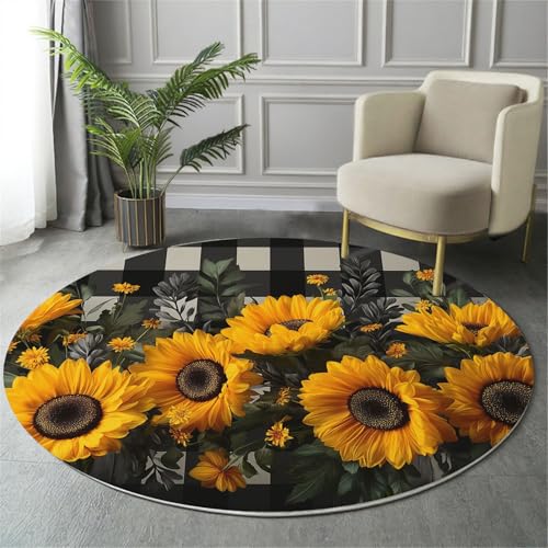 GDJSMIN Botanisches Sonnenblumen-Design Teppich Rund 160Cm Schwarz-Weiß-Karomuster rutschfest Teppiche Wohnzimmer Waschbar Rund Teppiche Kurzflor Weich Runder Teppich Gelb for Schlafzimmer Studie von GDJSMIN