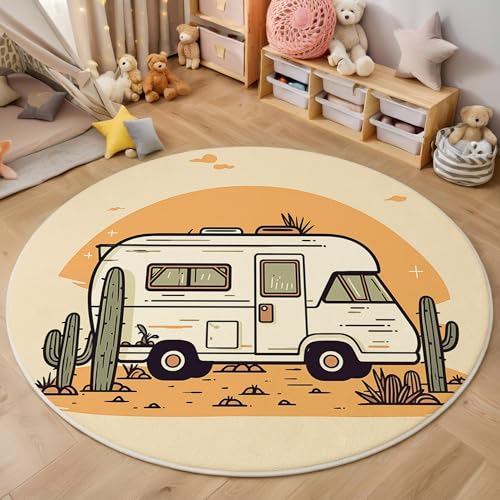 GDJSMIN Cartoon-Stil Maschinenwaschbarer Runder Teppich–Weich Pflegeleicht Mit Süße Wohnmobil-Illustration Print-Muster, Anti-Rutsch Teppich Für Wohnzimmer Und Küche,100Cm,Hellbeige von GDJSMIN