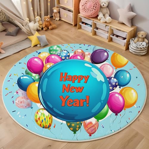 GDJSMIN Cartoon-Stil Teppich Rund 120Cm,Waschbare Teppiche,Bunte Luftballons Text-Design Runder Teppiche,rutschfest Carpet,Bedruckter Teppich Schlafzimmer Kinderzimmer, Blau von GDJSMIN