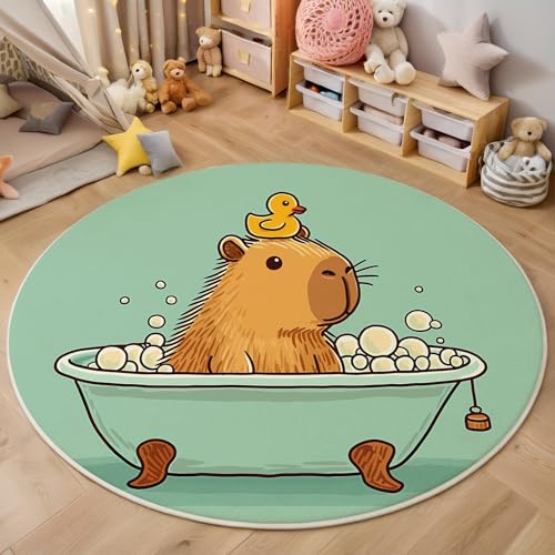 GDJSMIN Cartoon-Tier-Design Maschinenwaschbarer Runder Teppich–Weich Pflegeleicht Mit Badewanne Süßes Capybara Print-Muster, Anti-Rutsch Teppich Für Wohnzimmer Und Küche,140Cm,Grün von GDJSMIN