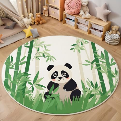 GDJSMIN Dschungel-Bambusbaum-Design Teppich Rund 80Cm Süße Panda-Illustration rutschfest Teppiche Wohnzimmer Waschbar Rund Teppiche Kurzflor Weich Runder Teppich Salbeigrün for Schlafzimmer Studie von GDJSMIN