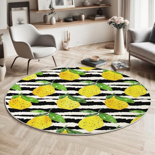 GDJSMIN Einfache Formen Maschinenwaschbarer Runder Teppich–Weich Pflegeleicht Mit Streifen Zitronen-Design Print-Muster, Anti-Rutsch Teppich Für Wohnzimmer Und Küche,200Cm,Gelb von GDJSMIN