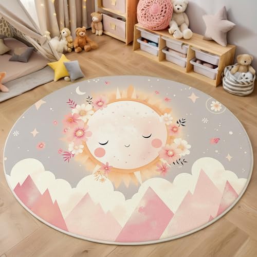 GDJSMIN Einfache Illustration Teppich Rund 140Cm,Waschbare Teppiche,Cartoon Mond Wolken Runder Teppiche,rutschfest Carpet,Bedruckter Teppich Schlafzimmer Kinderzimmer, Grau von GDJSMIN