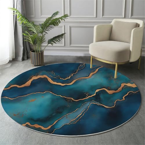 GDJSMIN Fantasy-Kunststil Teppich Rund 60Cm Goldene Marmorlinien rutschfest Teppiche Wohnzimmer Waschbar Rund Teppiche Kurzflor Weich Runder Teppich Dunkelblau for Schlafzimmer Studie von GDJSMIN
