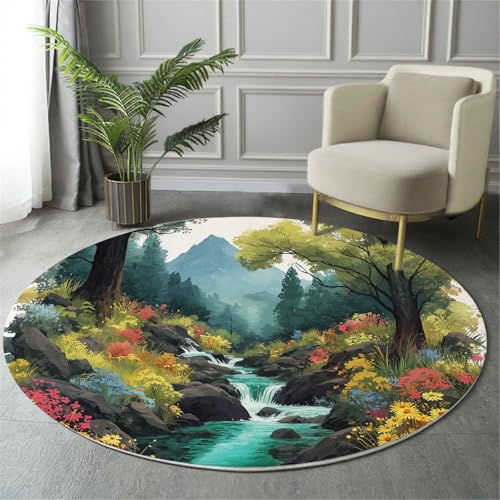 GDJSMIN Fantasy Landschaftsmalerei Teppich Rund 120Cm Bäume Blumen Illustration rutschfest Teppiche Wohnzimmer Waschbar Rund Teppiche Kurzflor Weich Runder Teppich Grün for Schlafzimmer Studie von GDJSMIN