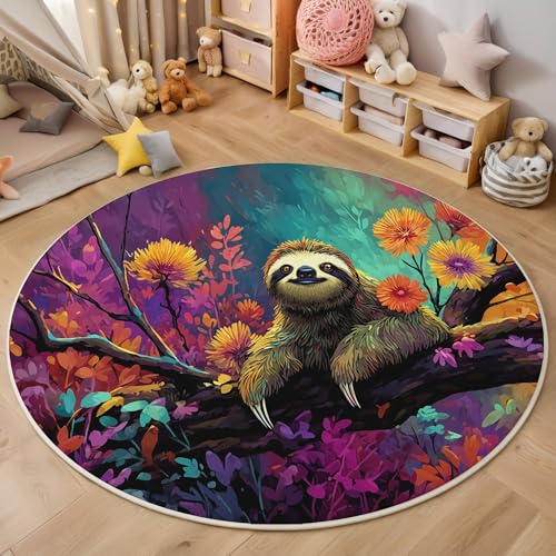 GDJSMIN Fantasy-Wald-Illustration Maschinenwaschbarer Runder Teppich–Weich Pflegeleicht Mit Baumzweige Cartoon-Faultier Print-Muster, Anti-Rutsch Teppich Für Wohnzimmer Und Küche,140Cm,Lila von GDJSMIN