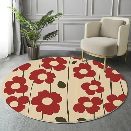 GDJSMIN Flache Illustration Maschinenwaschbarer Runder Teppich–Weich Pflegeleicht Mit Rote Blumen Print-Muster, Anti-Rutsch Teppich Für Wohnzimmer Und Küche,180Cm,Beige von GDJSMIN