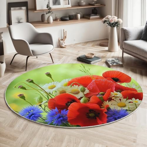 GDJSMIN Frühling Natur Landschaft Teppich Rund 60Cm,Waschbare Teppiche,Rote Mohnblumen Runder Teppiche,rutschfest Carpet,Bedruckter Teppich Schlafzimmer Kinderzimmer, Rot von GDJSMIN