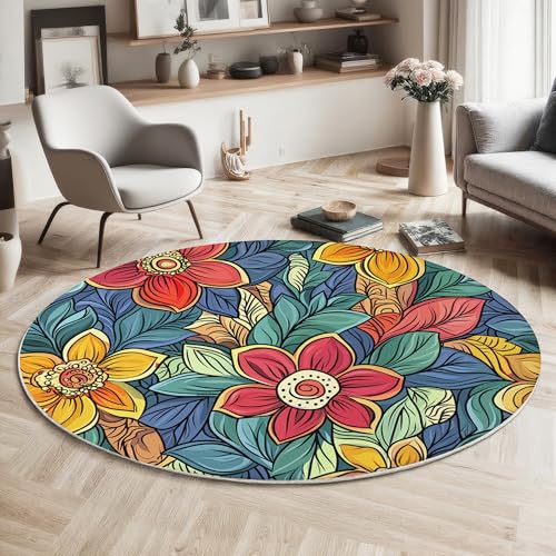 GDJSMIN Gartenszene Teppich Rund 140Cm,Waschbare Teppiche,Bunte Blumen Blattdrucke Runder Teppiche,rutschfest Carpet,Bedruckter Teppich Schlafzimmer Kinderzimmer, Blau GDJSMIN Gartenszene Teppich Rund 140Cm,Waschbare Teppiche,Bunte Blumen Blattdrucke Runder Teppiche,rutschfest Carpet,Bedruckter Teppich Schlafzimmer Kinderzimmer, Blau von GDJSMIN