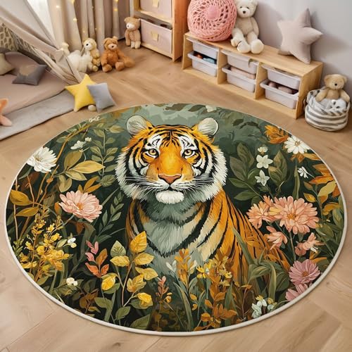 GDJSMIN Gartentierillustration Teppich Rund 100Cm Süßer Tiger rutschfest Teppiche Wohnzimmer Waschbar Rund Teppiche Kurzflor Weich Runder Teppich Braun for Schlafzimmer Studie von GDJSMIN