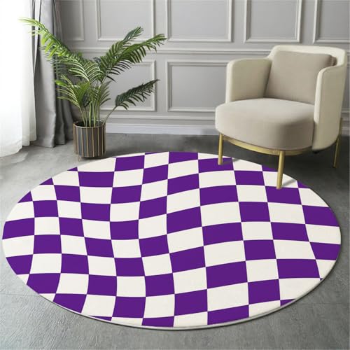 GDJSMIN Geometrisches Design Maschinenwaschbarer Runder Teppich–Weich Pflegeleicht Mit Kariertes Flaggenmuster Print-Muster, Anti-Rutsch Teppich Für Wohnzimmer Und Küche,180Cm,Lila Weiß von GDJSMIN