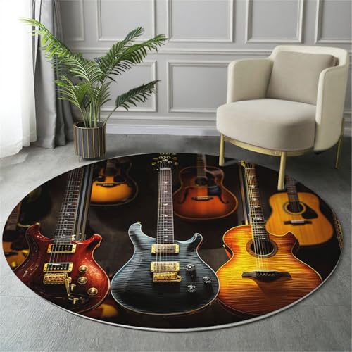 GDJSMIN Illustration Einer Klassischen Teppich Rund 60Cm Akustischen Gitarre rutschfest Teppiche Wohnzimmer Waschbar Rund Teppiche Kurzflor Weich Runder Teppich Gelb for Schlafzimmer Studie von GDJSMIN