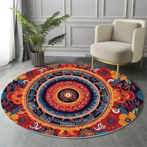 GDJSMIN Indische Blumen- Teppich Rund 80Cm,Waschbare Teppiche,Paisleymuster Runder Teppiche,rutschfest Carpet,Bedruckter Teppich Schlafzimmer Kinderzimmer, Tiefrot von GDJSMIN