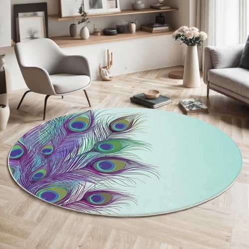 GDJSMIN Künstlerische Elemente Teppich Rund 80Cm,Waschbare Teppiche,Pfauenfeder-Illustration Runder Teppiche,rutschfest Carpet,Bedruckter Teppich Schlafzimmer Kinderzimmer, Hellblau von GDJSMIN