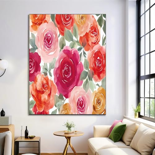 GDJSMIN Leinwandbilder, Leinwanddruck Bilder 60×90 cm, Romantischer Und Eleganter Stil Wandbilder Kunstdruck Wand Dekoration für Wohnzimmer Schlafzimmer Esszimmer Home Büro - Aquarell-Rosenblüten von GDJSMIN