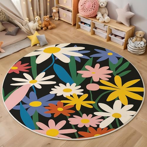 GDJSMIN Matisse-Stil Teppich Rund 200Cm,Waschbare Teppiche,Bunte Gänseblümchen-Illustration Runder Teppiche,rutschfest Carpet,Bedruckter Teppich Schlafzimmer Kinderzimmer, Bunt von GDJSMIN