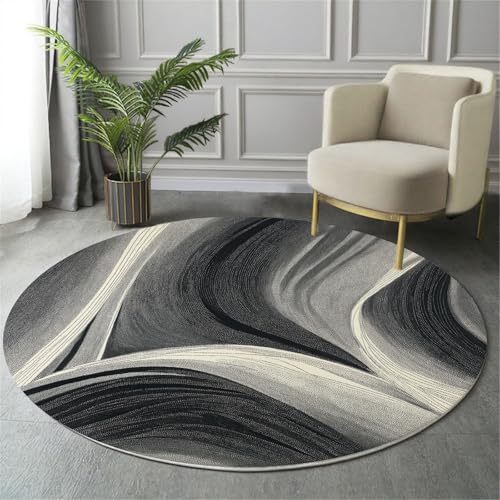 GDJSMIN Minimalistischer Stil Teppich Rund 80Cm Abstraktes Liniendesign rutschfest Teppiche Wohnzimmer Waschbar Rund Teppiche Kurzflor Weich Runder Teppich Grauschwarz for Schlafzimmer Studie von GDJSMIN