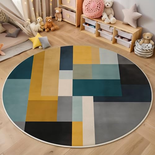 GDJSMIN Minimalistisches Design Maschinenwaschbarer Runder Teppich–Weich Pflegeleicht Mit Geometrische Farbblockformen Print-Muster, Anti-Rutsch Teppich Für Wohnzimmer Und Küche,60Cm,Grau Blau von GDJSMIN