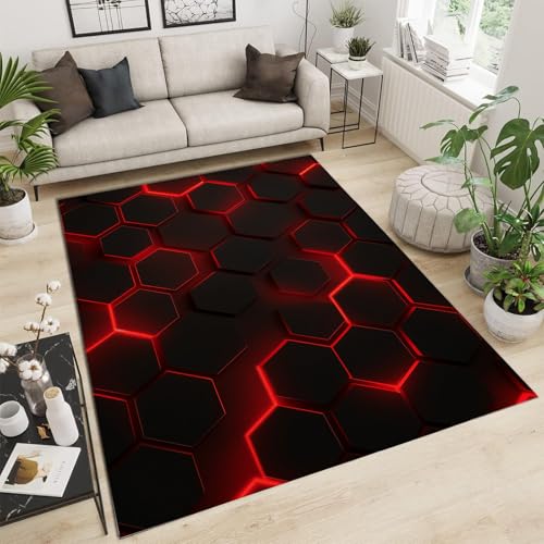 GDJSMIN Moderner Stil 3D Gedruckter Teppich Abstraktes Sechseckiges Design Wohnzimmer Schlafzimmer Anti Rutsch Carpet Kinder Mädchen Jungen Zimmer Spielen Krabbeln Fußmatten (200×300Cm, Rot) von GDJSMIN