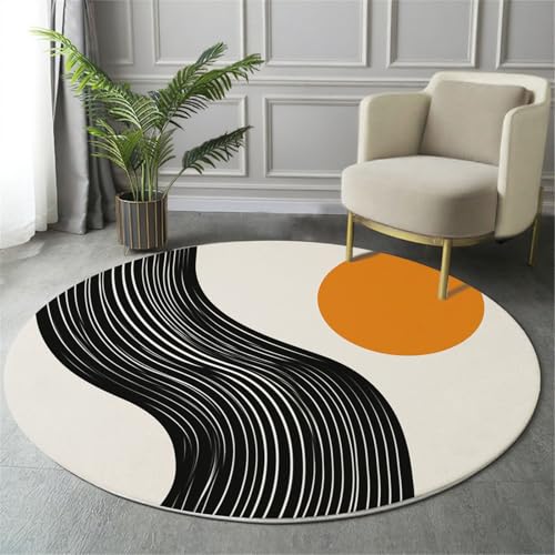 GDJSMIN Modernes Abstraktes Design Maschinenwaschbarer Runder Teppich–Weich Pflegeleicht Mit Linien-Sonnengrafik Print-Muster, Anti-Rutsch Teppich Für Wohnzimmer Und Küche,100Cm,Weiß von GDJSMIN