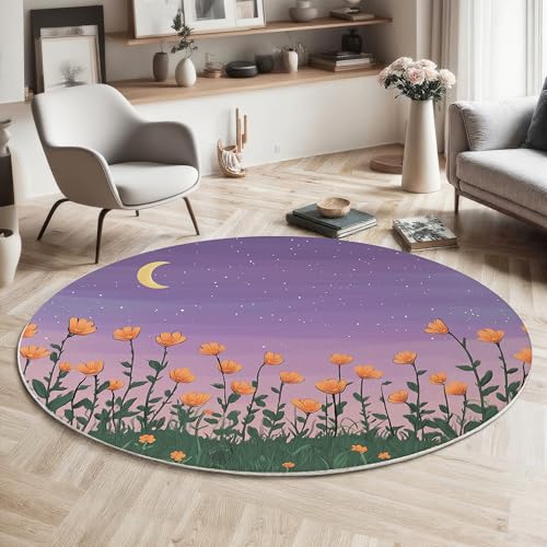 GDJSMIN Nachtgarten-Stil Maschinenwaschbarer Runder Teppich–Weich Pflegeleicht Mit Orange Blumen Halbmond Print-Muster, Anti-Rutsch Teppich Für Wohnzimmer Und Küche,80Cm,Lila GDJSMIN Nachtgarten-Stil Maschinenwaschbarer Runder Teppich–Weich Pflegeleicht Mit Orange Blumen Halbmond Print-Muster, Anti-Rutsch Teppich Für Wohnzimmer Und Küche,80Cm,Lila von GDJSMIN
