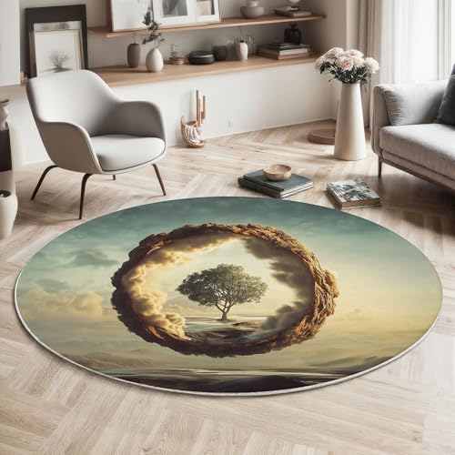 GDJSMIN Natürliche Landschaft Teppich Rund 120Cm Rundrahmen Baum rutschfest Teppiche Wohnzimmer Waschbar Rund Teppiche Kurzflor Weich Runder Teppich Hellgrün for Schlafzimmer Studie von GDJSMIN