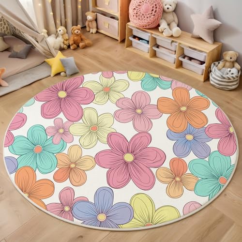 GDJSMIN Niedliche Cartoon-Stil Teppich Rund 100Cm,Waschbare Teppiche,Blumen-Illustration Runder Teppiche,rutschfest Carpet,Bedruckter Teppich Schlafzimmer Kinderzimmer, Rosa von GDJSMIN