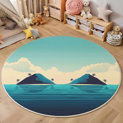 GDJSMIN Retro-Art-Stil Maschinenwaschbarer Runder Teppich–Weich Pflegeleicht Mit Tropische Insel-Illustration Print-Muster, Anti-Rutsch Teppich Für Wohnzimmer Und Küche,100Cm,Indigo von GDJSMIN