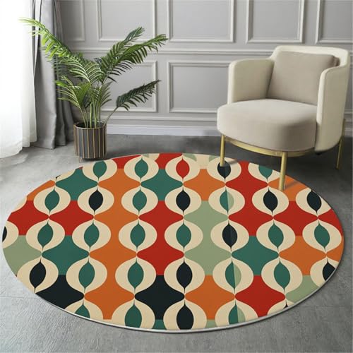 GDJSMIN Retro-Muster Teppich Rund 180Cm Geometrisches Abstraktes Muster rutschfest Teppiche Wohnzimmer Waschbar Rund Teppiche Kurzflor Weich Runder Teppich Rot for Schlafzimmer Studie von GDJSMIN