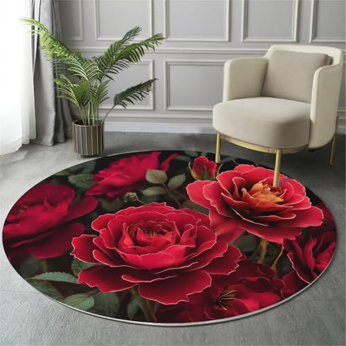 GDJSMIN Romantische Elemente Teppich Rund 140Cm Rote Rose Thema rutschfest Teppiche Wohnzimmer Waschbar Rund Teppiche Kurzflor Weich Runder Teppich Rot for Schlafzimmer Studie von GDJSMIN