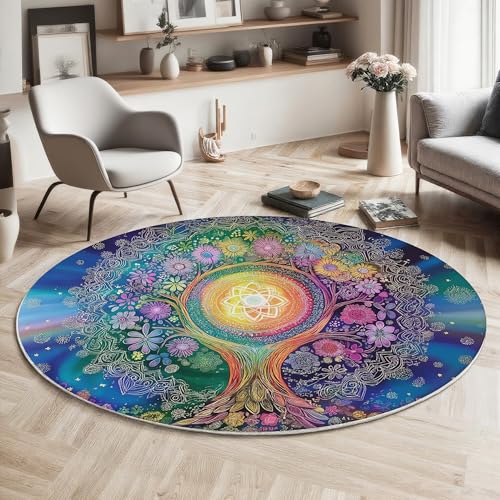 GDJSMIN Rund Teppich Blau Waschbarer Wohnzimmer Moderne Ästhetische Sofa Teppich Kurzflor Couchtischmatte,Tropische Blätter Illustration Rutschfester Carpet Für Schlafzimmer,80Cm von GDJSMIN