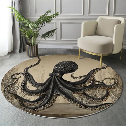 GDJSMIN Rund Teppich Bräunen Waschbarer Wohnzimmer Tintenmalerei-Stil Sofa Teppich Kurzflor Couchtischmatte,Oktopus-Illustration Rutschfester Carpet Für Schlafzimmer,60Cm von GDJSMIN