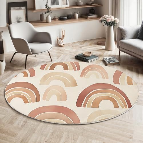 GDJSMIN Rund Teppich Braun Waschbarer Wohnzimmer Böhmischer Stil Sofa Teppich Kurzflor Couchtischmatte,Geometrische Formen Rutschfester Carpet Für Schlafzimmer,100Cm von GDJSMIN