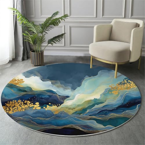 GDJSMIN Rund Teppich Dunkelblau Waschbarer Wohnzimmer Aquarell Marmor Illustration Sofa Teppich Kurzflor Couchtischmatte,Abstrakte Ozeanwellenformen Rutschfester Carpet Für Schlafzimmer,120Cm von GDJSMIN